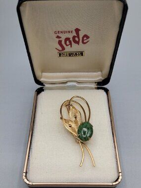 Vintage 12kgp Jade Leaf Brooch Pin Large Gem Filigree Leaves Original Box
